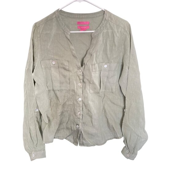 Isaac Mizrahi New York Womens Green 100% Linen Button-Up Blouse Size M Pockets - Picture 1 of 7
